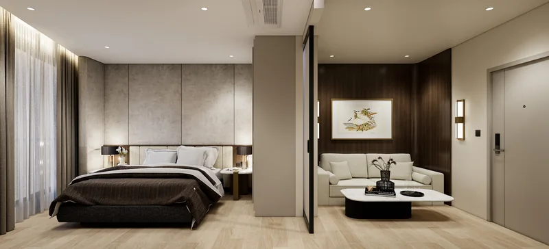 Namone Grande Phuket bedroom with floor-to-ceiling curtains