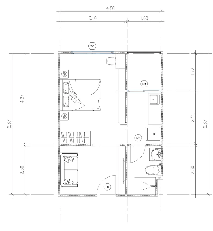 Namone Grande Phuket 32 m² apartment floor plan: bedroom, living room, kitchen, bathroom, terrace