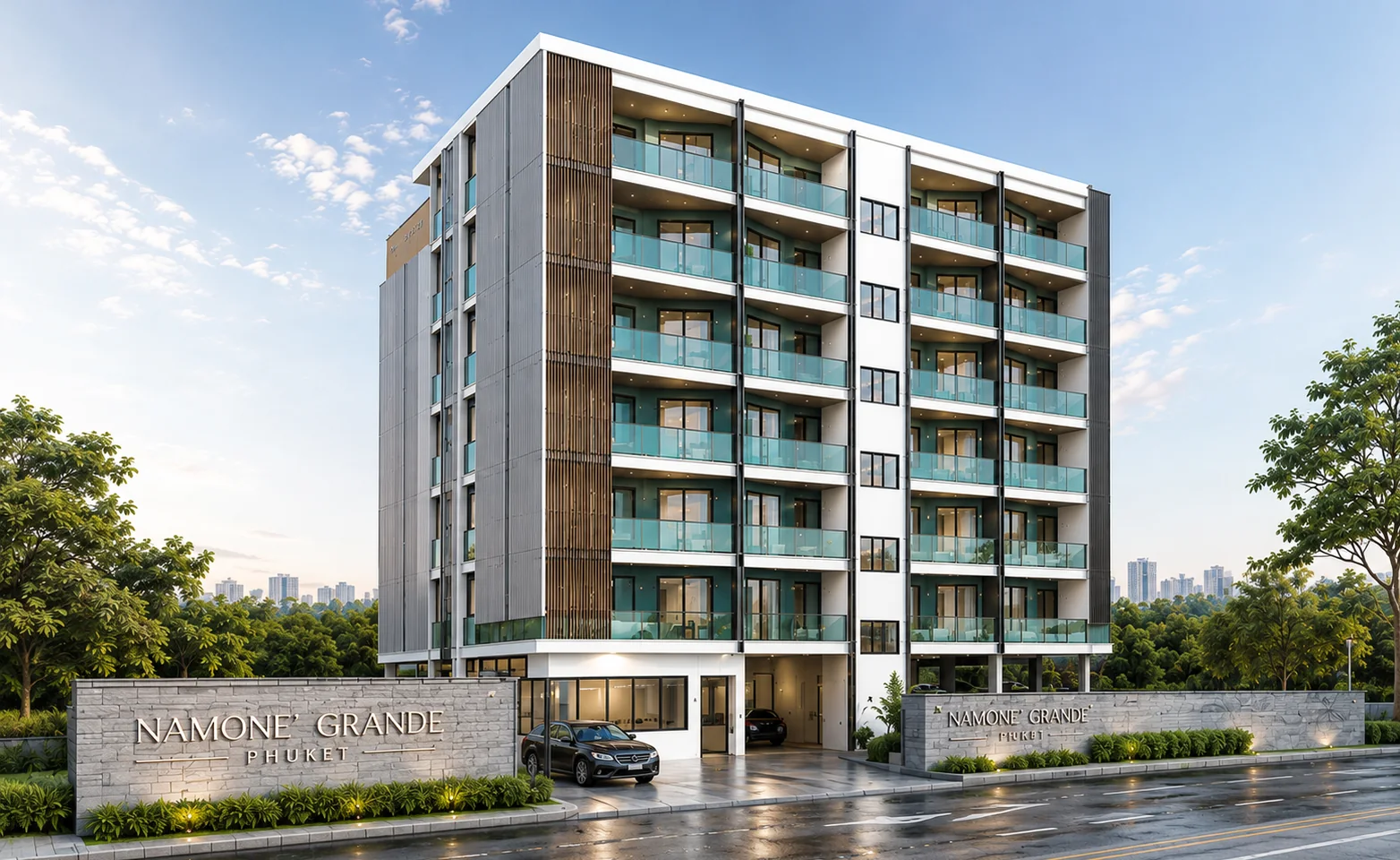 Namone Grande Phuket condominium façade with the entrance sign, Khok Tanod, Cherngtalay