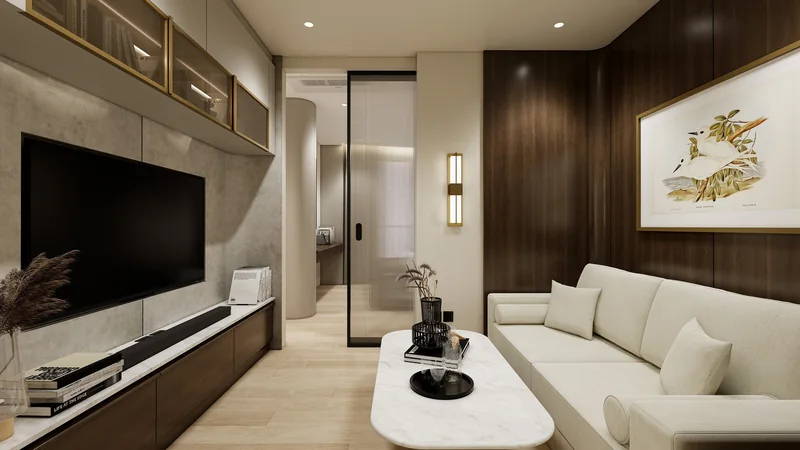 Namone Grande Phuket living room with a sofa and marble coffee table